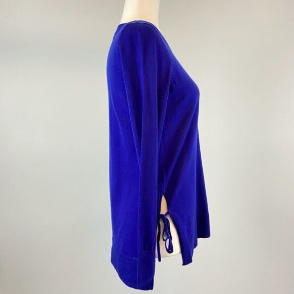 J Crew Womens Blue Merino Wool Sweater Crew Neck Side Slit Ties size XS - Picture 4 of 9